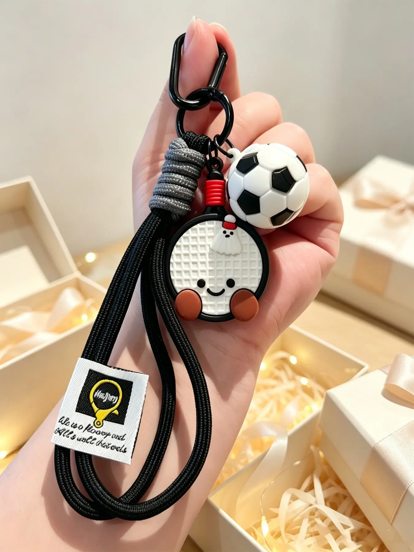 Cute Cartoon Badminton Racket Keychain Mini Soccer Ball Charms Braided Lanyard Carabiner Key Ring Sports Bag Accessory Small Gift For Sports Lovers Girls Badminton Fan