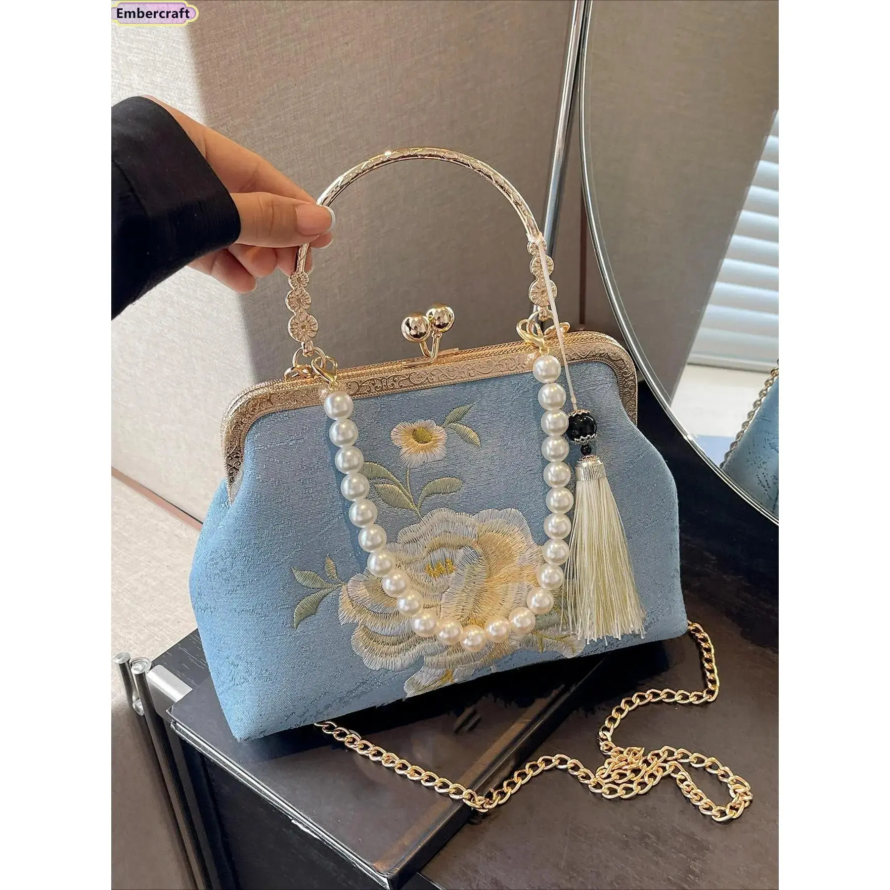 Women's Vintage Crossbody Purse with Peony Floral Embroidery, Handheld Evening Bag with Faux Pearl Tassel for Weddings & Banquets, Stylish Versatile Bag, Vintage Crossbody Purses, Crossbody Strap