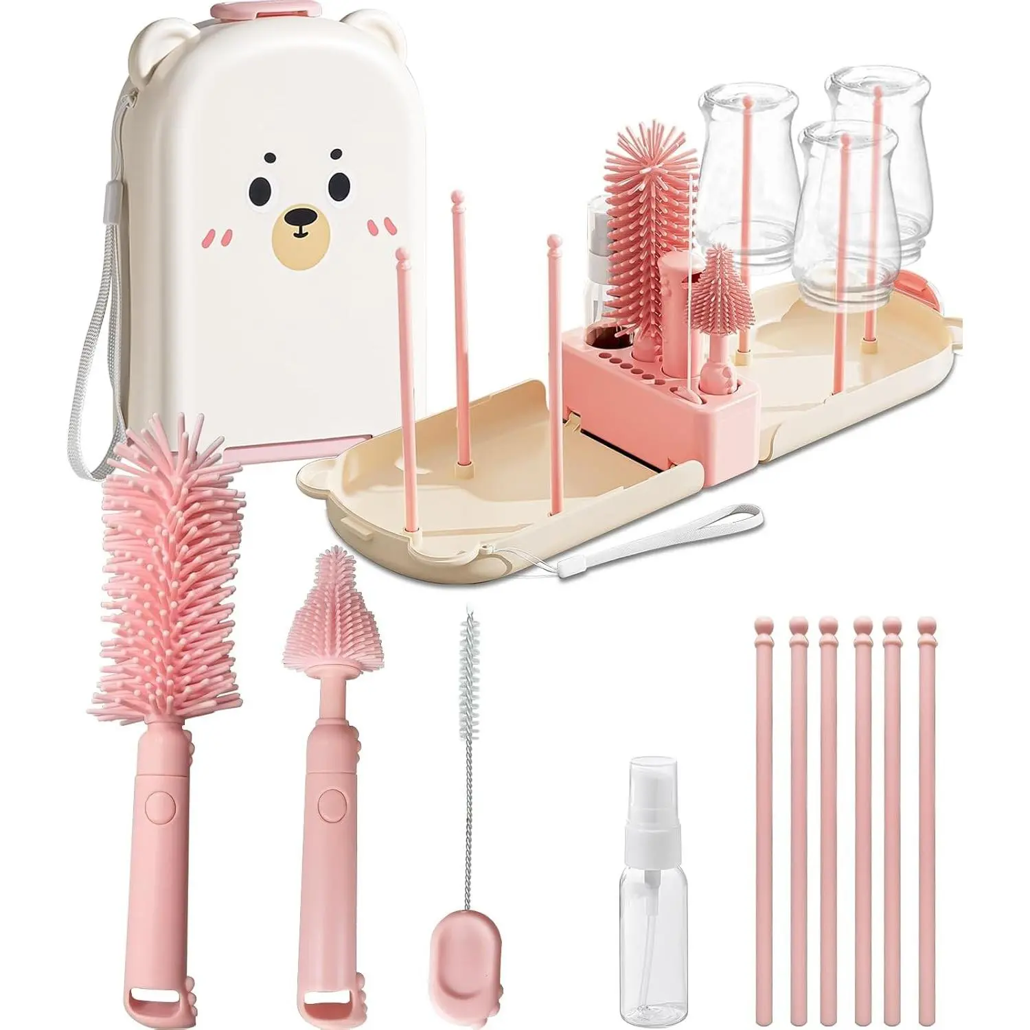 Pink Travel Baby Bottle Cleaner Kit - 6-in-1 Portable Brush Set with Drying Rack & Storage Case - Baby Travel Essentials for Flying, Newborn Bottle Cleaning & Breast Pump Parts On-The-GoGift