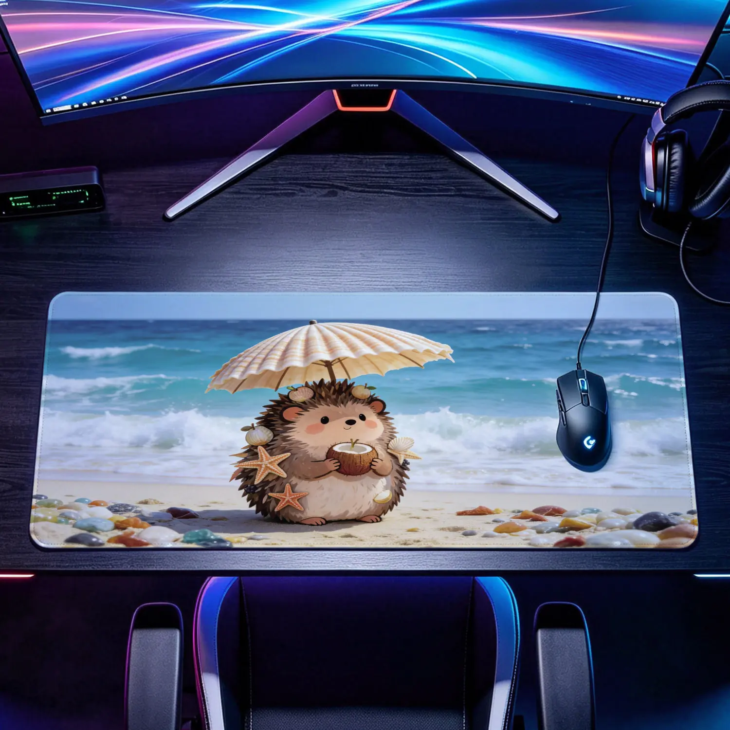 Extra Large cute hedgehog enjoying tropical coconut drink on beach Mouse Pad,Non Slip Rubber Pad,Desktop Decoration Drotection Pad,Washable,Lock Edge Multi Size,Premium Multipurpose Mousepad For Home,Office,Gift for Family and Friends