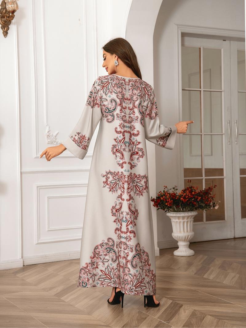 Women's Ethnic Pattern Faux Pearl Decor Long Dress, Boho Long Sleeve Round Neck Dress for Vacation Holiday Wedding Guest, Ladies Islamic Clothing for All Seasons