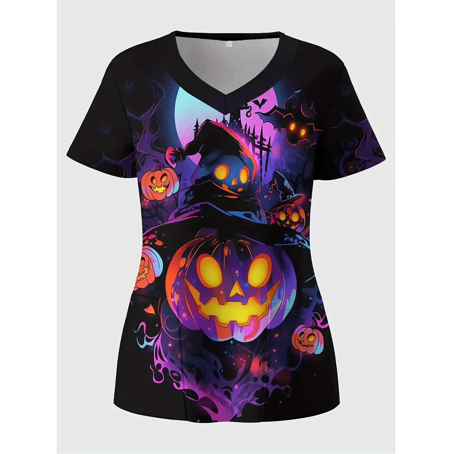 Halloween Pumpkin Element Print Letter V-Neck Nurse Uniform, Comfortable and Practical Uniform, Suitable for Doctors, Nurses, Dentists, Women's Workwear