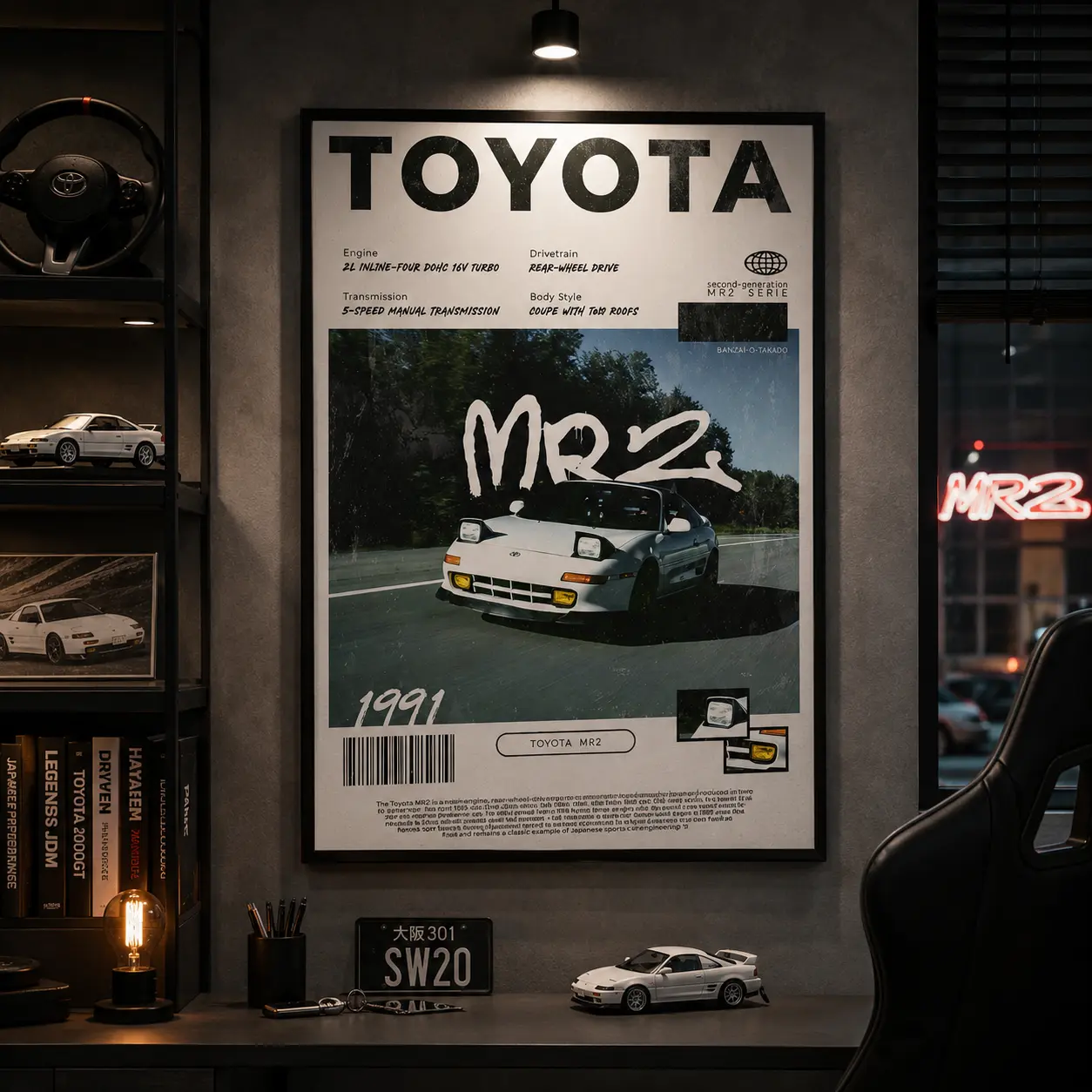 Toyota MR2 AW11 MK2 Canvas Wall Art Poster JDM Sports Car Automotive Decor 1991 Classic Toyota Aesthetic HD Print Garage Bedroom Living Room Office Man Cave Wall Decoration Gift for Car Enthusiasts Retro Racing Style