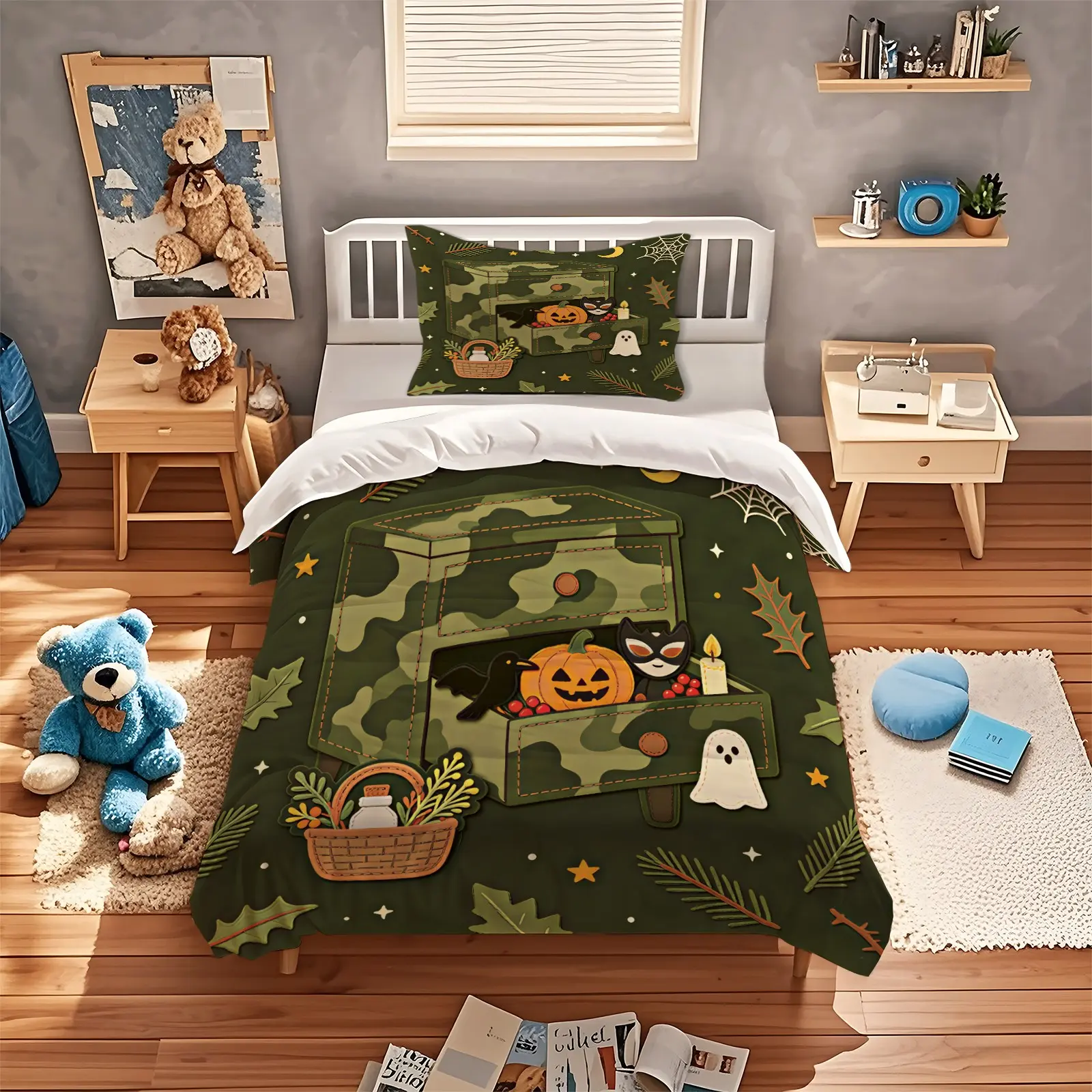 2/3pcs Camo Halloween Patchwork Duvet Cover Set, 3D Stitched Embroidery Print, Skin-Friendly Machine Washable Bedding, Rustic Cabin Bedroom Decor (Insert Not Included)