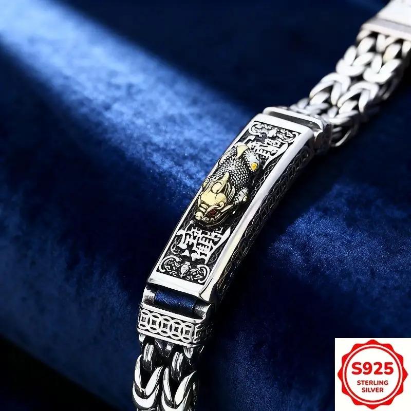 S925 Silver Pixiu Feng Shui Bracelet for Men - Men's Byzantine Braided Chain with Good Luck Totem, Masculine Wealth & Prosperity Jewelry, Adjustable Clasp, Ideal Gift for Him
