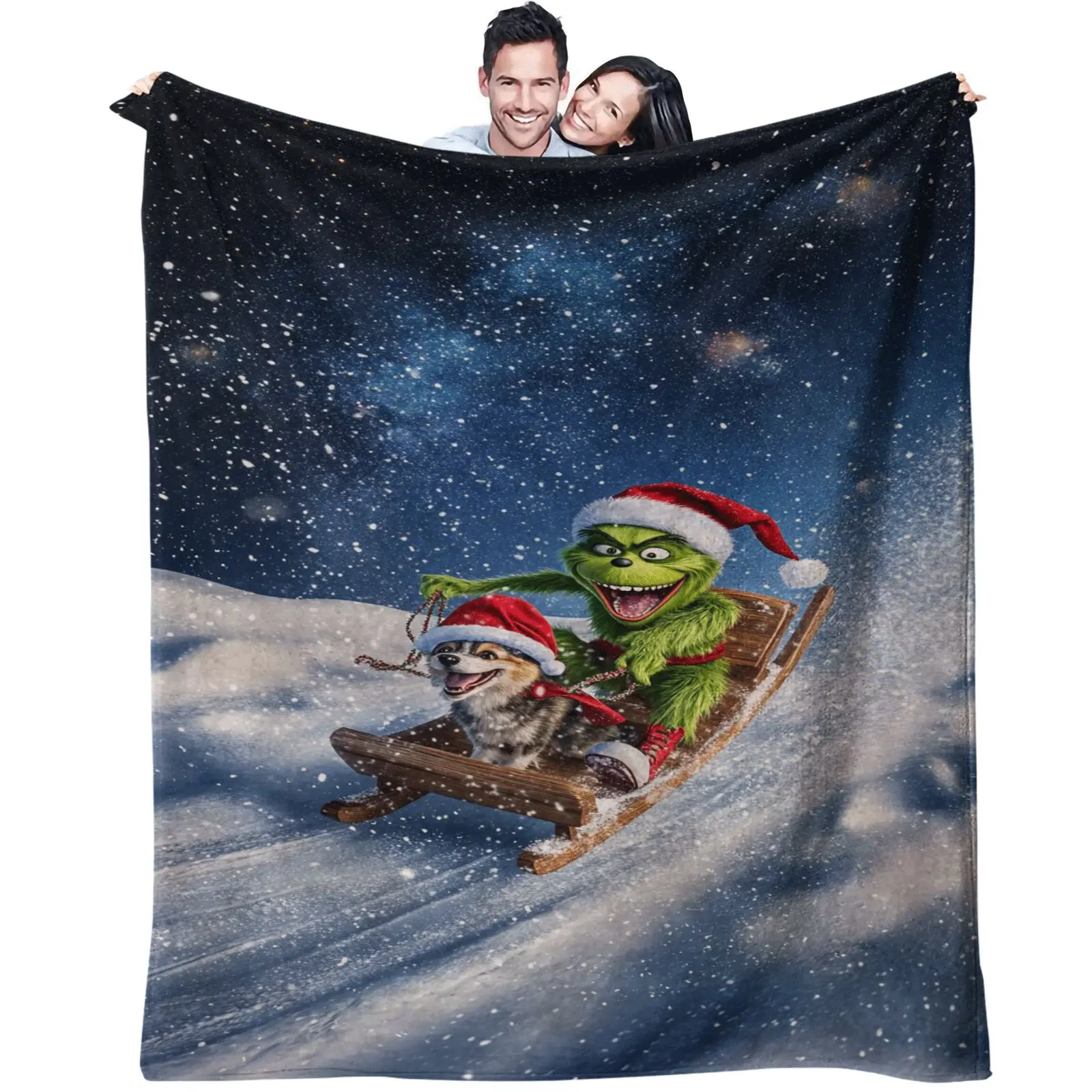 Christmas Grinch Sled Theme Throw Blanket, Super Soft Milk Fleece Flannel Blanket, 300GSM Anti-Static All-Season Blanket for Bed Sofa Couch Office Travel Camping, Lightweight Warm Cozy Throw, Perfect Holiday Gift, Machine Washable Non-Fading