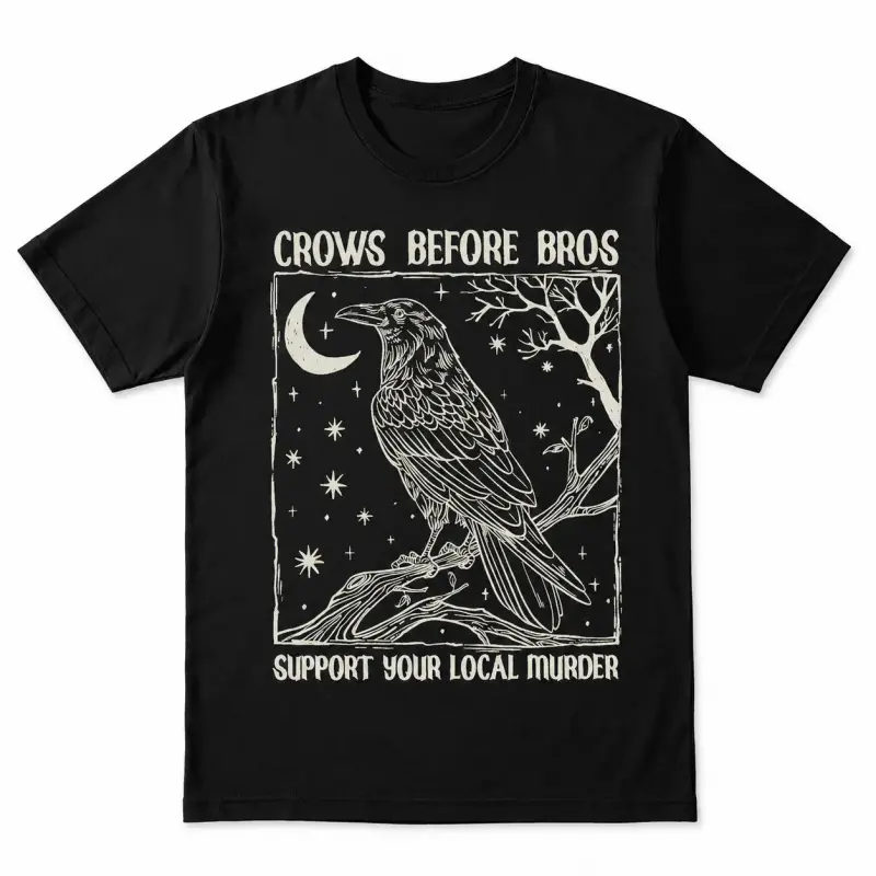 Unisex Crows Before Bros Casual T-Shirt - Vintage Moon Raven Graphic, Support Local Murder Print, Gothic Alt Aesthetic, Soft Crew Round Neck Single Piece Menswear Top, Crew Neck