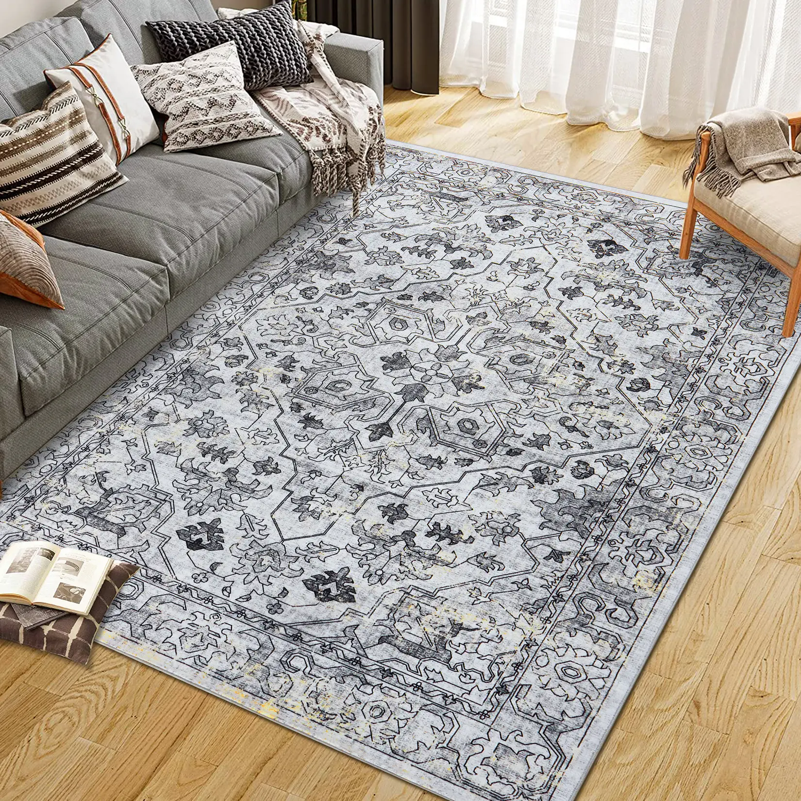 Washable Non-Slip Area Rug - Vintage Floral Low Pile Carpet for Living Room, Bedroom, Kitchen - Indoor Foldable Printed Rug Carpet