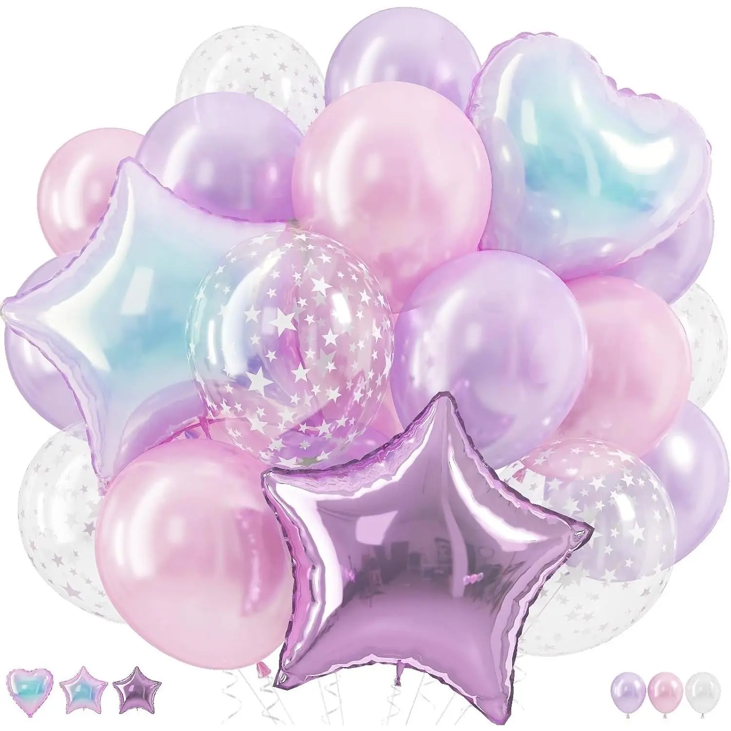 Pink and Purple Balloons, Pastel Pale Pink Light Purple Lilac Transparent Star Latex Balloon With Iridescent Heart Lavender Star Foil Balloons for Kpop Birthday Party Shower Princess Decorations