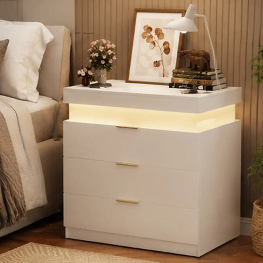 Modern Arch Nightstand with Charging Station, RGB LEDs, LED Lighting System, Sliding Top Drawer Storage, USB Ports, Power Outlets, 28.8W x 17D x 30.5H White Particle Board Bedroom Side Tables, Indoor Accent Piece, Assembly Required, Rectangular