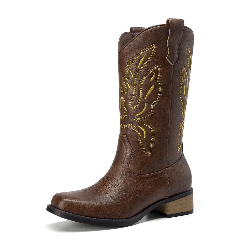 Women's Beaded Embroidered Cloth-Accent Faux Leather Western Cowboy Boots - All Seasons Shoes for Women, Slip-On Pull-On Entry, Square Toe, Mid-Calf, Moderate Chunky Wedge Heel, Dancing Grip, Retro Casual, Country Events Use