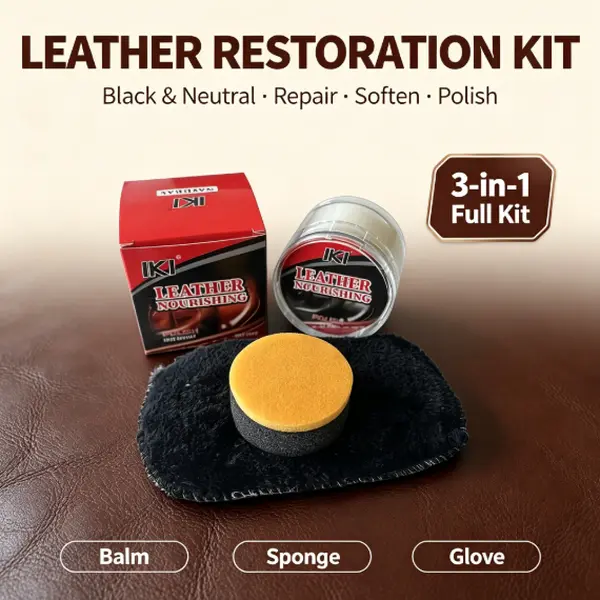 Leather Repair & Conditioner Kit - Lanolin Balm + Sponge + Polishing Glove, Black & Neutral Formula, Color Restore, Softening & Shine for Leather Jackets, Shoes & Boots