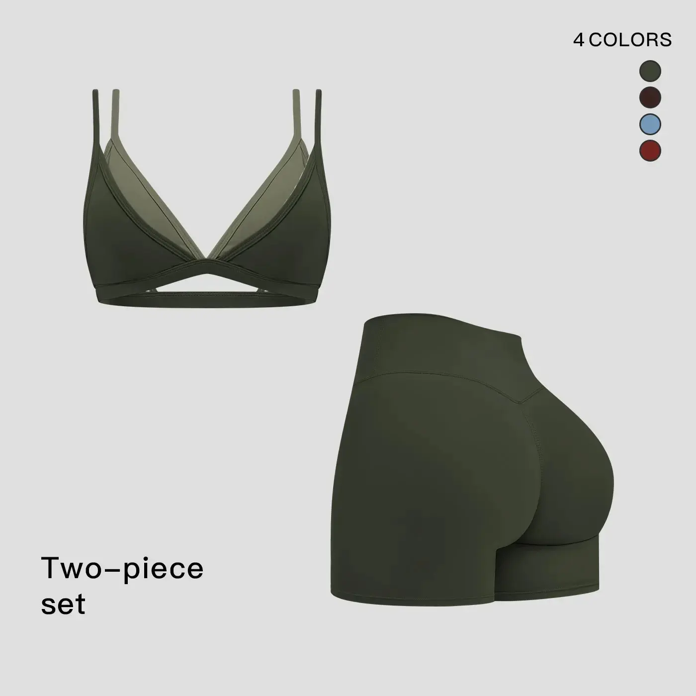 women’s faux two-piece bra with thin straps and a beautiful back design, paired with high-waisted solid-color slim shorts; suitable for outdoor sports like yoga and Pilates, as well as gym workouts and running.