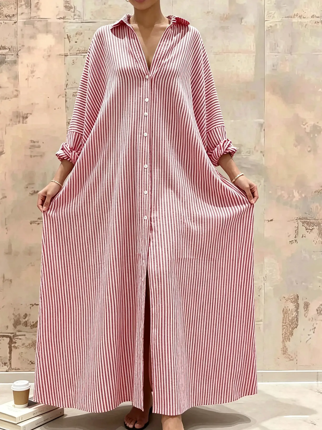 A fashionable and relaxed striped long loose dress for women, featuring a side slit, is casual and versatile, suitable for spring and summer, beach vacations, travel, shopping, dating, and everyday wear at home.