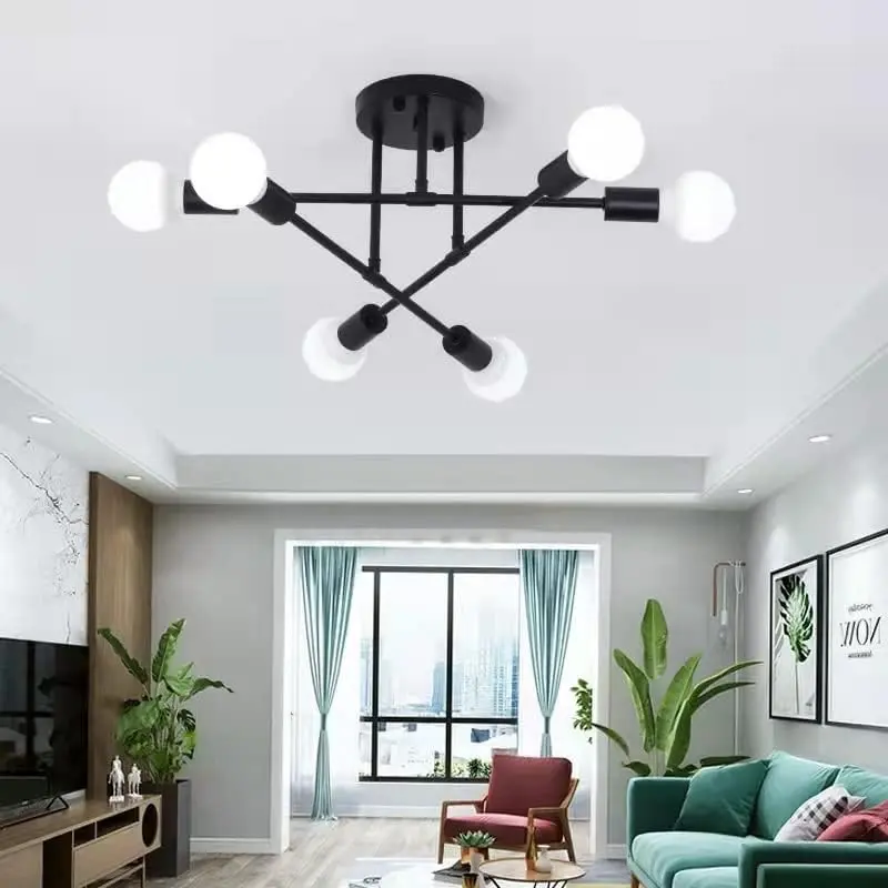 Semi Flush Mount Ceiling Light Fixture, Modern Sputnik Chandelier, 6 Lights Modern Sputnik Chandelier Ceiling Lamp with E26 Bulb Base, Light Fixtures Ceiling Mount for Living Room (Black)