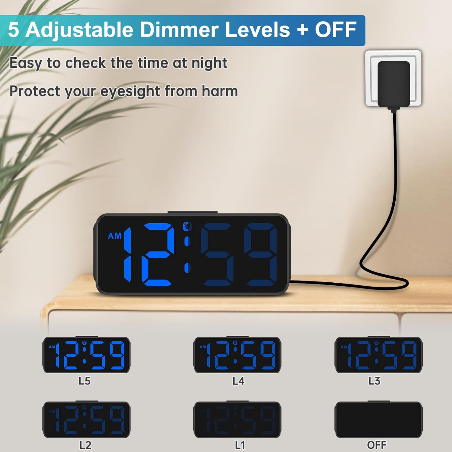 Small Digital  Clock Plug in for Bedrooms Bedside,  Electric Clock Large Big Numbers Display with  Backup for Desk Table, 6 Dimmers, 5 Adjustable  Volumes (Blue)
