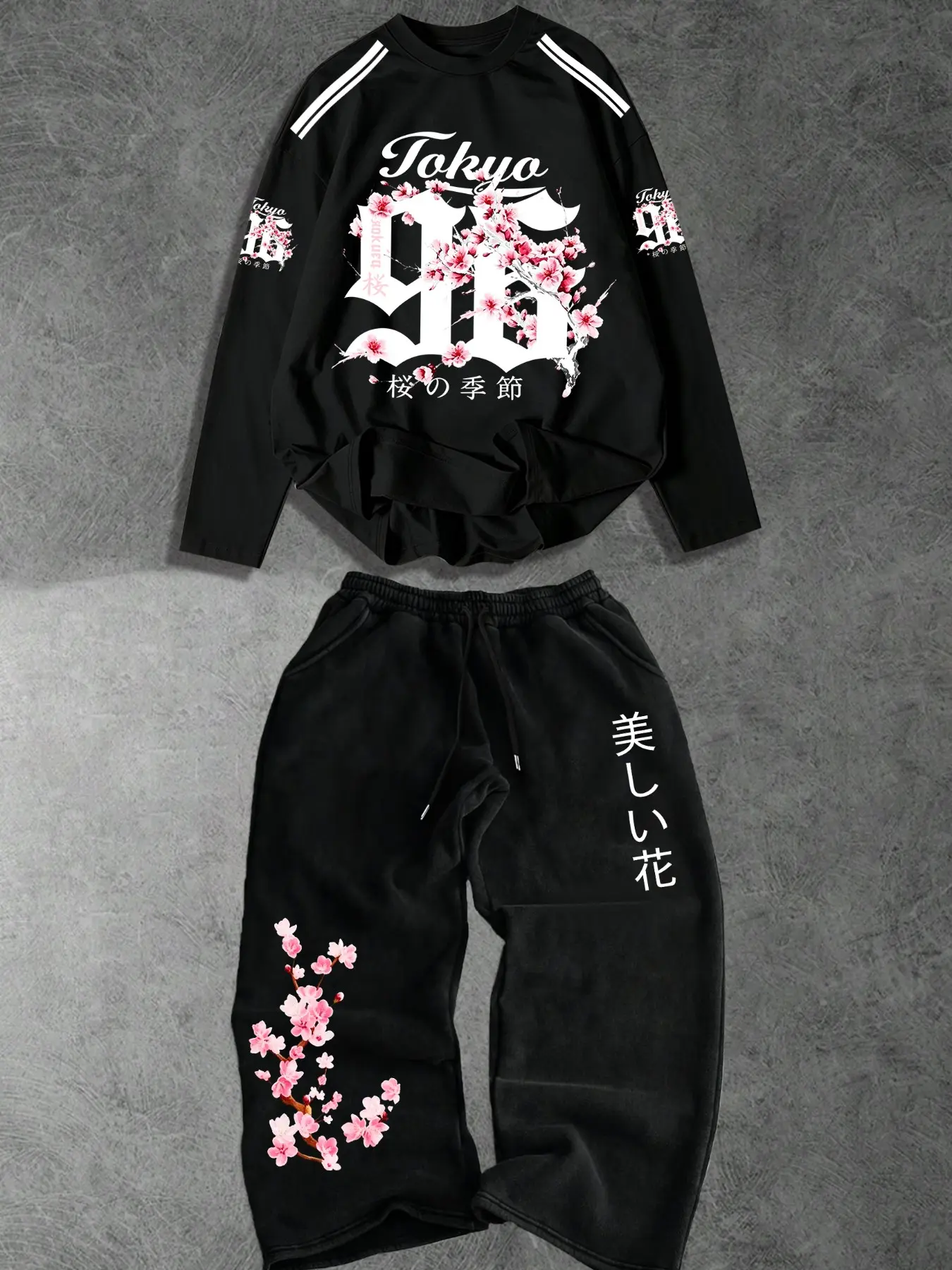 Men's 2 Piece Outfits Crew Neck Long Sleeve T-Shirt With Shoulder Stripes + Drawstring Elastic Wide Leg Sweatpants, Loose Harajuku Asian Streetwear Set With Tokyo Cherry Blossom & Japanese Kanji Multi-Position Prints, Ideal For Daily Casual Outings