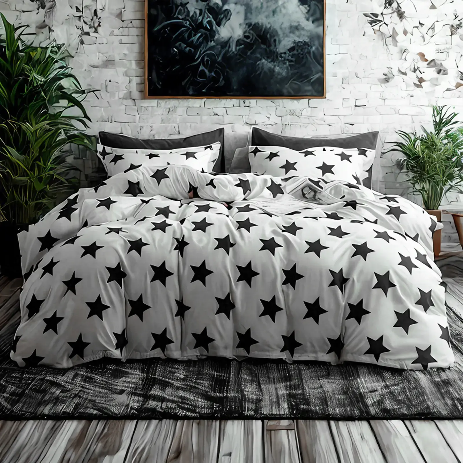 Breathable Brushed Microfiber Bedding Set with Duvet Cover & Pillowcases, Soft and Wrinkle-Resistant Duvet Cover Set with Corner Ties and Hidden Zipper, Star Pattern Bed Set for Dormitory Hotel,Fade-Resistant, Easy Care