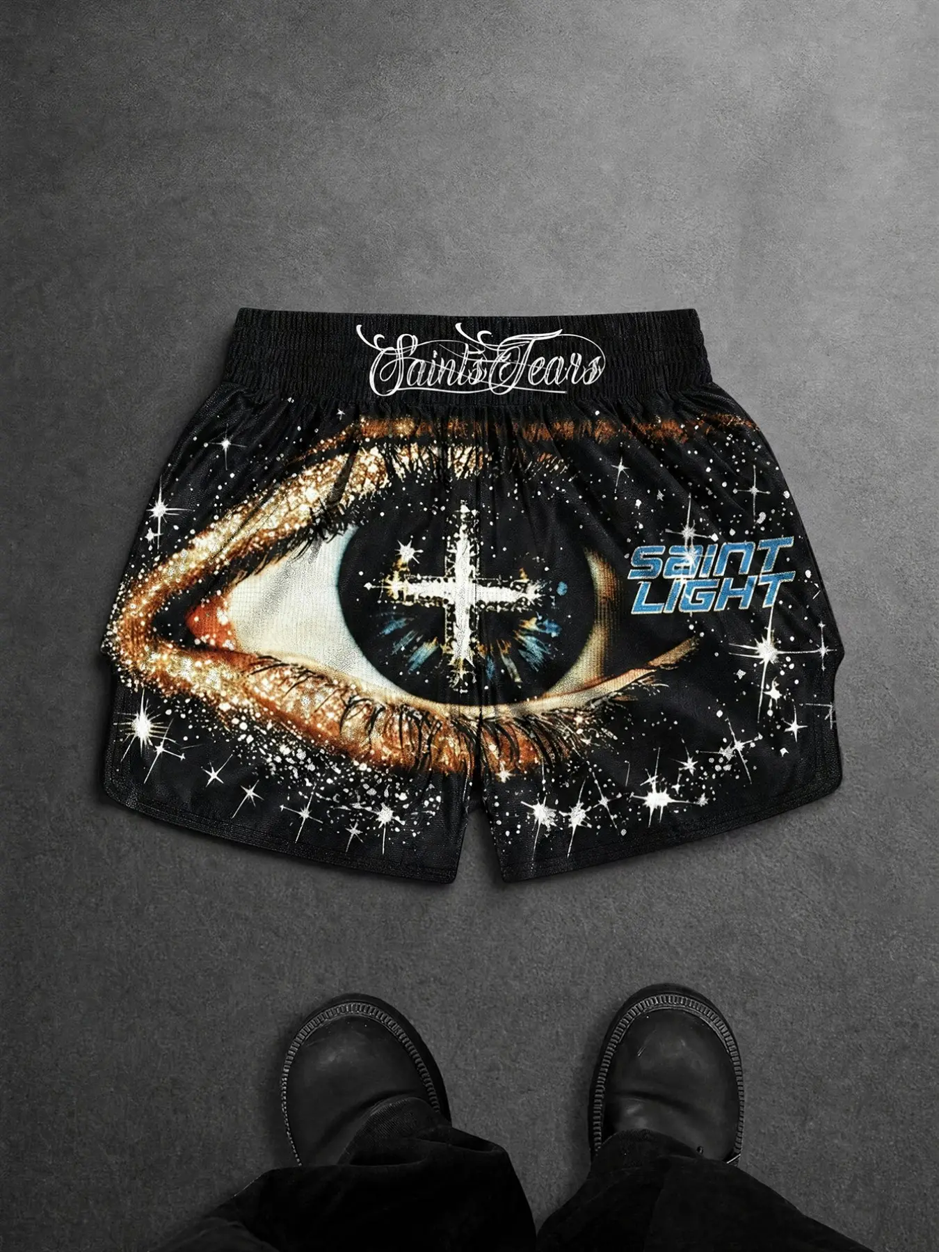 American-style boxing shorts - Starry Sky All-Seeing Eye Cross - Boxing pants - Wide-cut high street sweatpants with bold lettering on the waistband