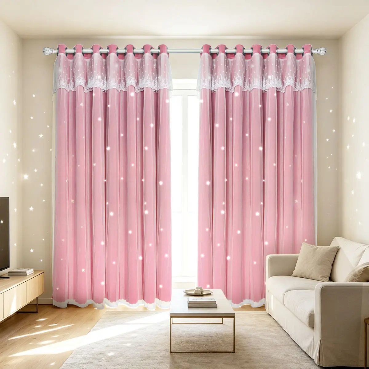 Double Layer Curtain, 2 Counts/set Star Pattern Light Blocking Curtain, Home Decor for Living Room Bedroom, Window Drapes, Curtain Panels, Room Divider Curtain, Blackout Window Curtain
