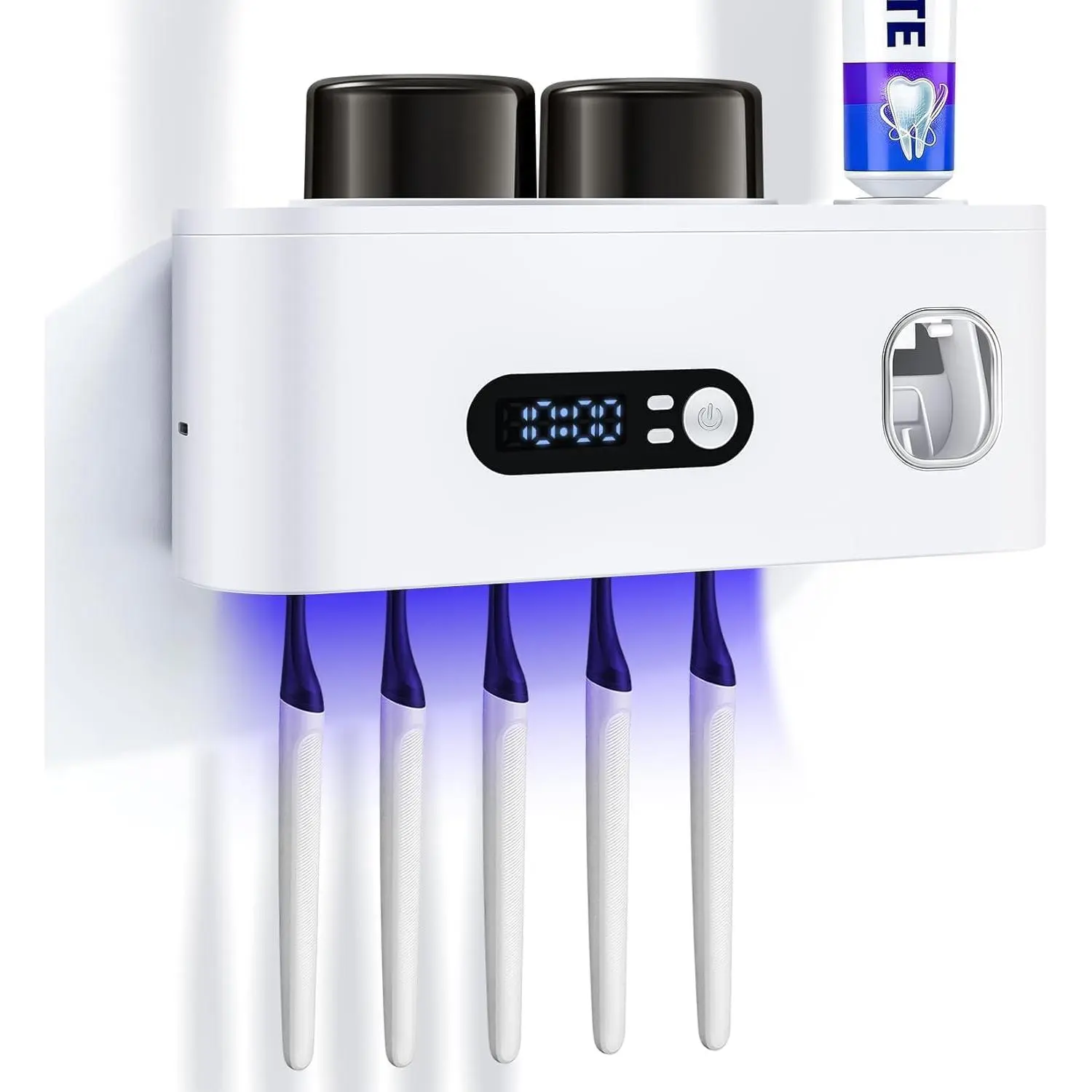 Toothbrush Holder with UV Sanitizer and Toothpaste Dispenser, Timer Display with Wall Mounted Toothbrush Organizer for, with 2 Cups and Sterilization Function, White