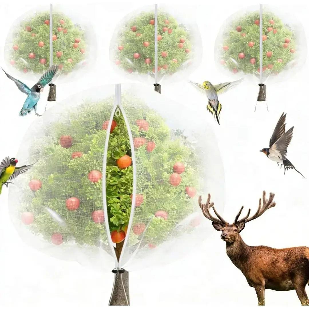 4 Pack 10x10ft Fruit Tree Netting - Bird Proof Tree Nets for Fruit Trees, Reusable Fruit Tree Covers with Drawstring, Heavy Duty Mesh to Protect from Birds, Squirrels, Deer & Insects