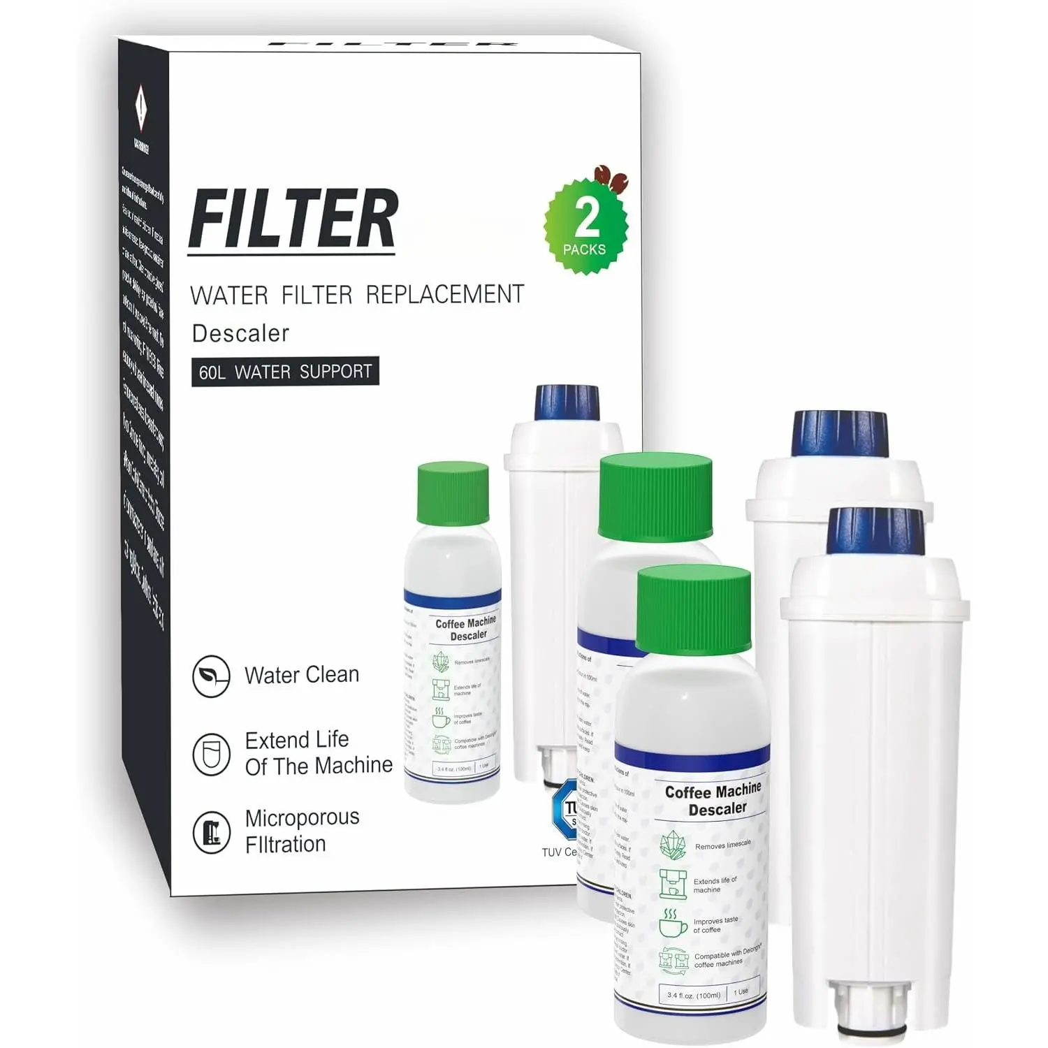 Descaling Kit Compatible with Delonghi Coffee Machines: 2 Full Maintenance Cycles | 2 Compatible with De'Longhi water Filters + 2x100ml Descaling Solution Replace Every 3 Months (6-Month)