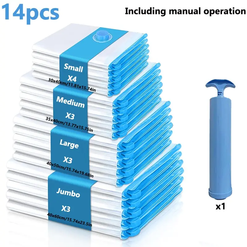 14pcs Vacuum Storage Bags for Clothes and Blankets, Space-Saving Reusable Plastic Baggies, Ideal for Travel and Business Trips
