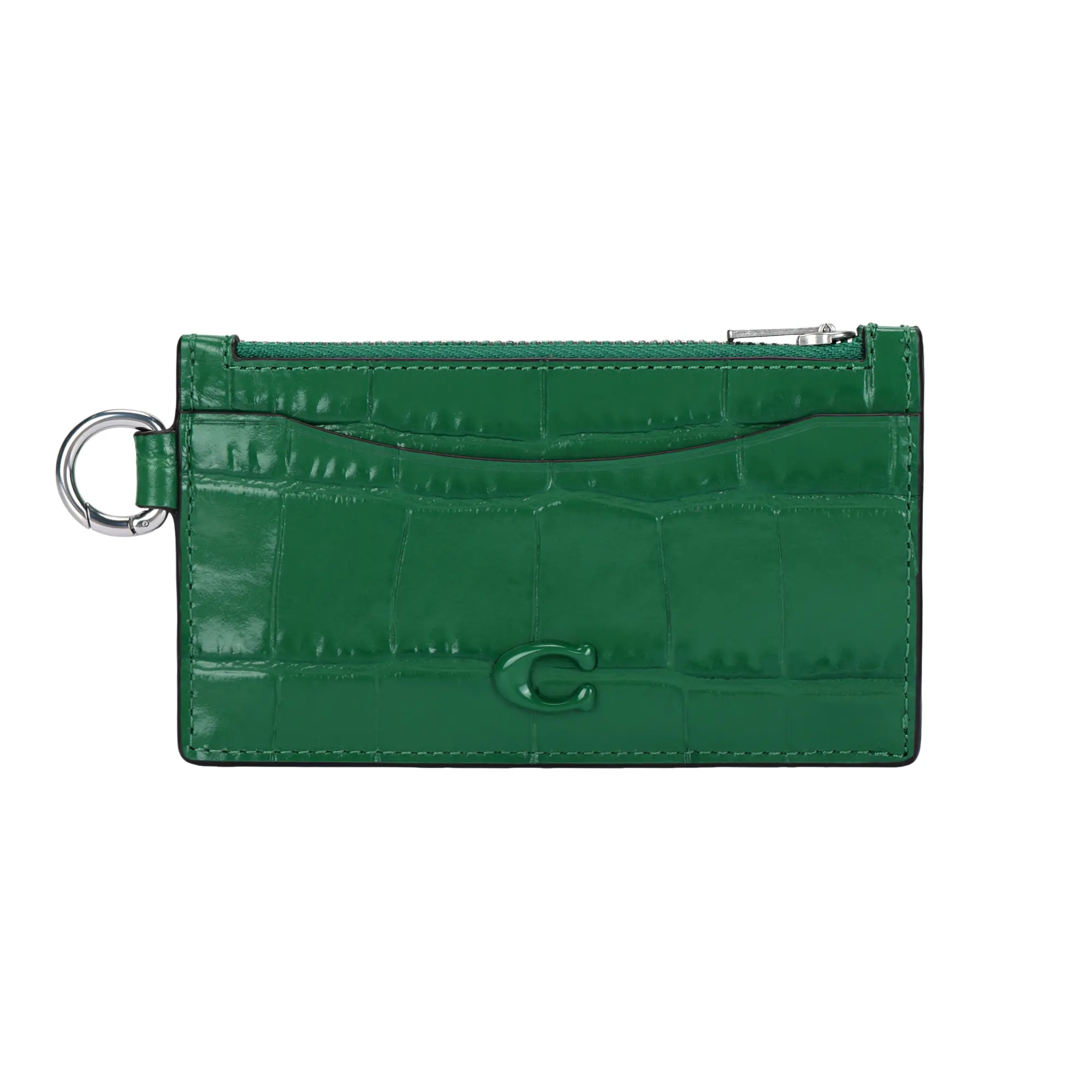 Coach Card Case for Women – Ivy Green Crocodile-Embossed Leather with Logo Zip Closure