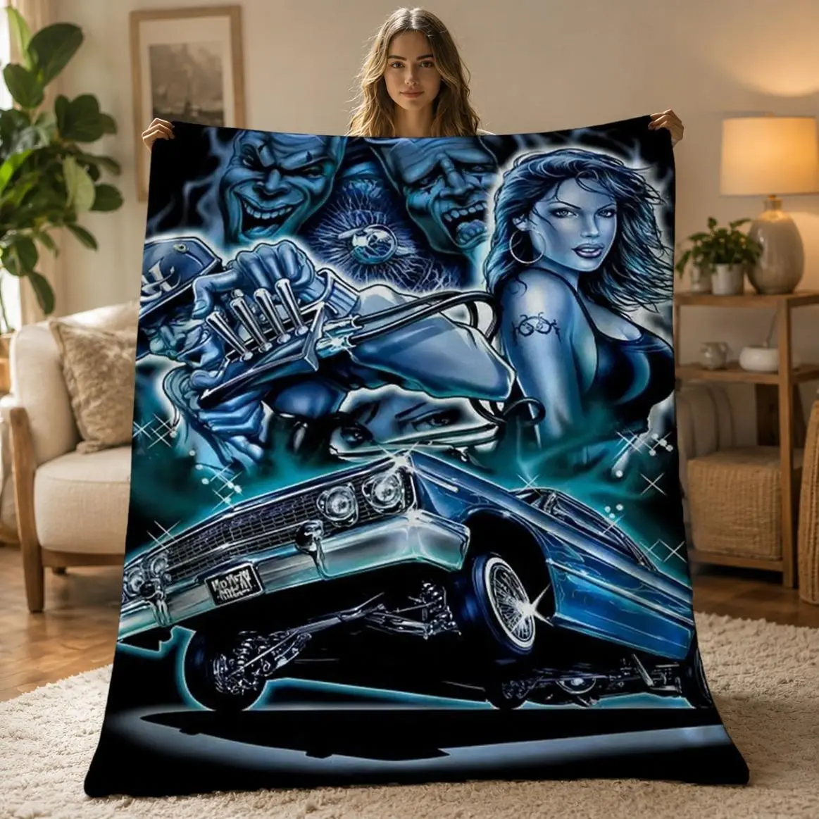 Ultra-Soft Chicano Mexican Themed Vintage Flannel Car Blanket - Low-Profile Durable Plush Fleece Throw for Adults, All-Season Cozy Home Decor, Ideal Gift for Sofa, Travel, Vintage Car Blankets, Flannel Blankets