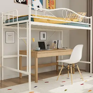 Cream White Twin Size Metal Loft Bed with Removable Ladder and Full Safety Guardrail, Heavy Duty Frame Supports Up to 400 Lbs, Noise Free Space Saving Design No Box Spring Needed