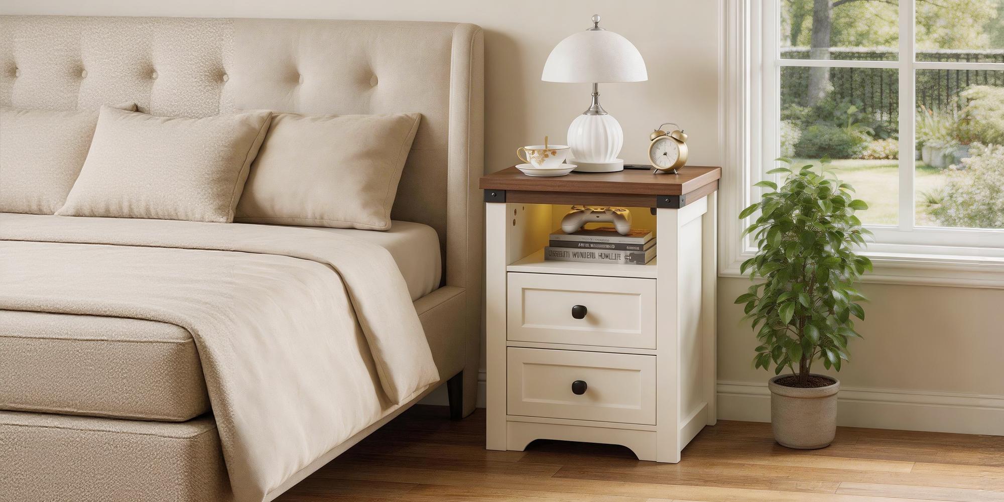 ARCH Farmhouse Side Table with Charging Station, Antique Nightstands with Drawers, Bedside Table with Open Shelf for Bedroom, White