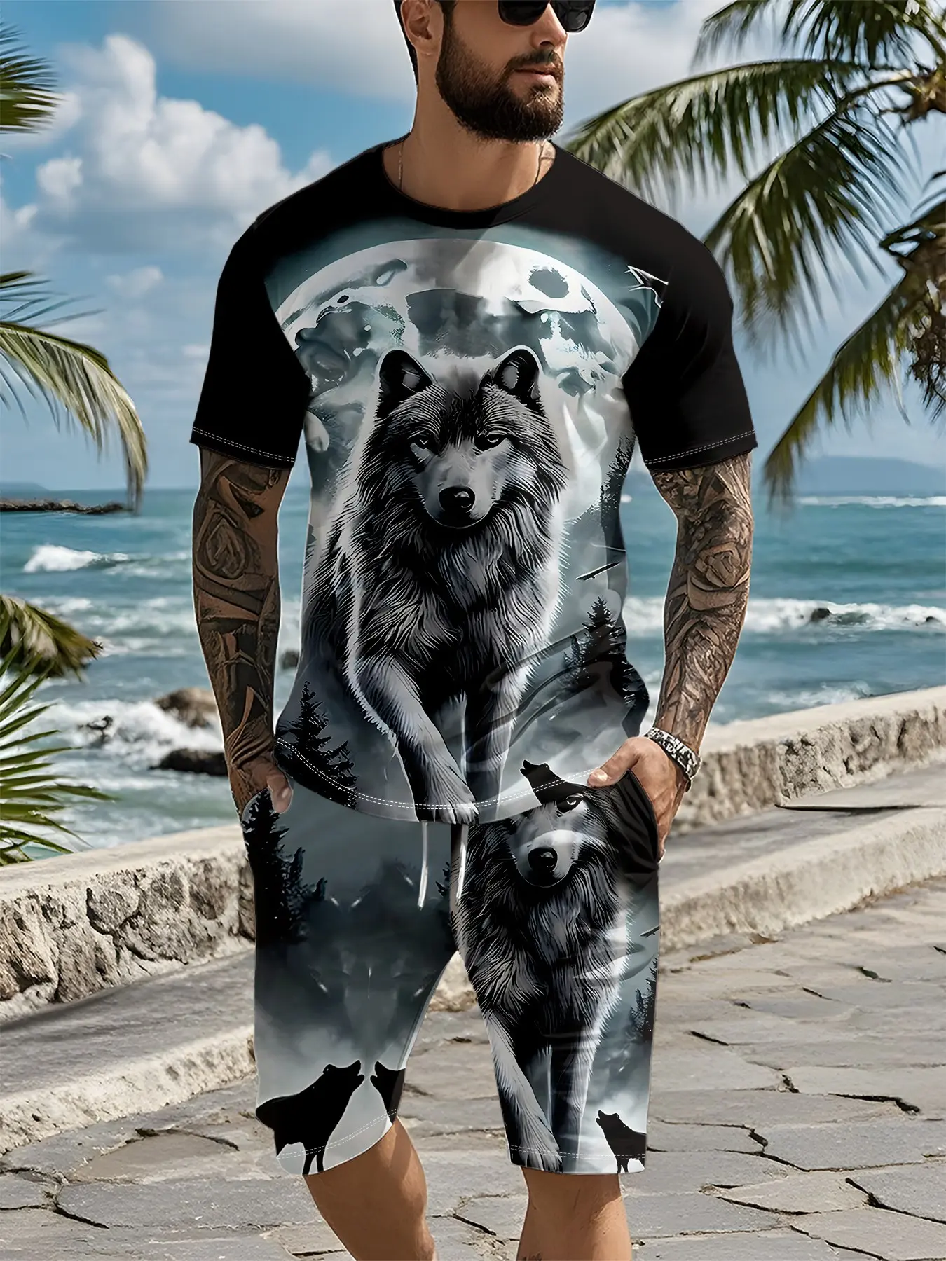 Real-scene 3D digital print two-piece set featuring wolves in a moonlit forest, 2Pcs, trendy fashion suit, trendy vintage casual two-piece outfit, trendy vacation style wear, breathable sporty casual style, an ideal festive gift for men