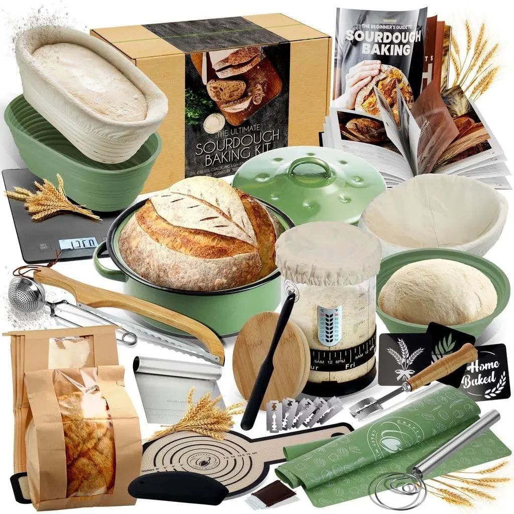 -Inclusive 𝗣𝗥𝗘𝗠𝗜𝗨𝗠 Sourdough Starter Kit with Pot, 34 Oz Starter Jar, 4 Banneton Bread Proofing Baskets, Scraper, Scale, Sourdough Bread Baking Supplies, Beginner Guide & Recipes