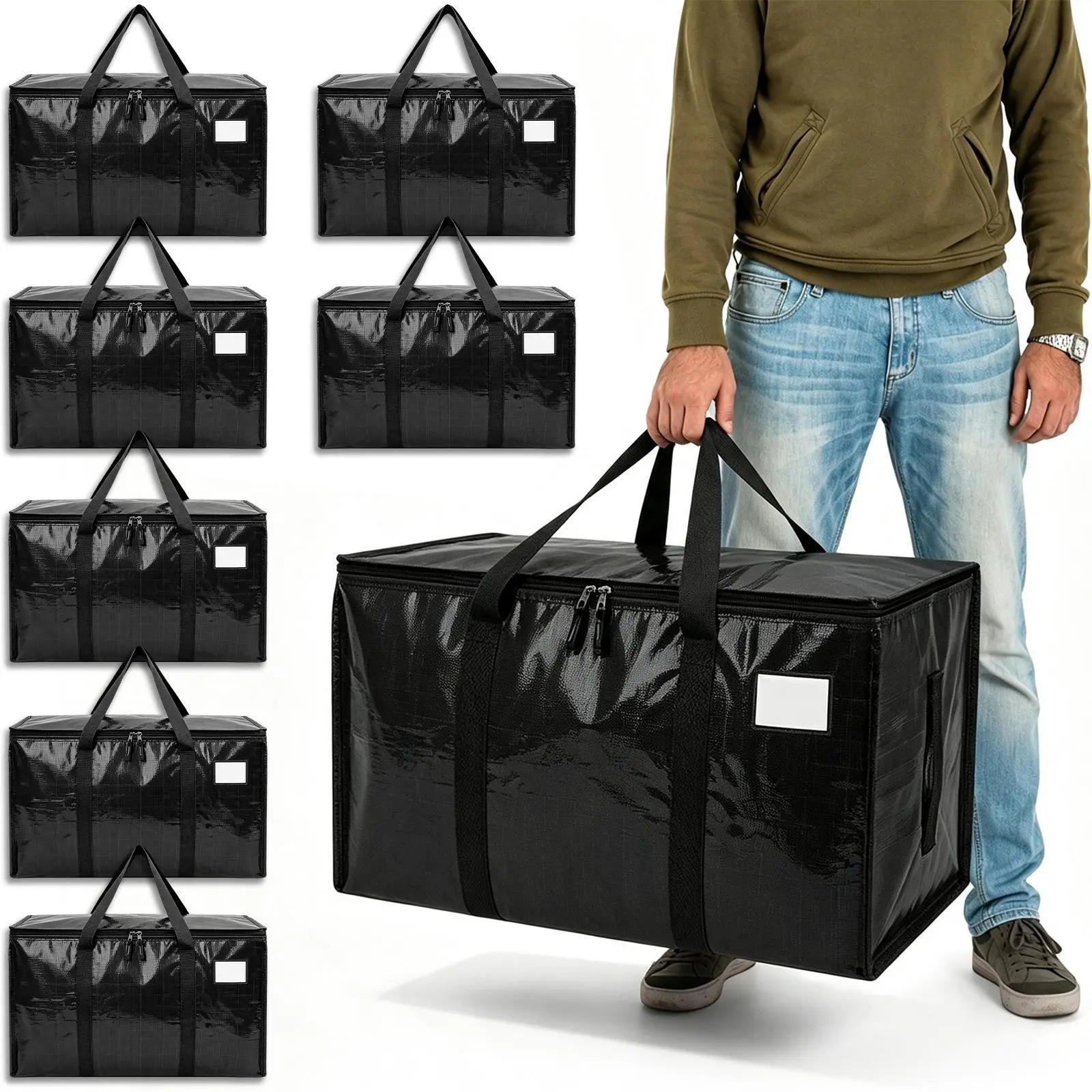 8 Pack Moving Bags Moving Storage College Dorm Camping Packing Travel PE Heavy Duty, Sturdy Handle, Zipper Large Storage Tote Bag Moving Boxes Box Alternative - Black