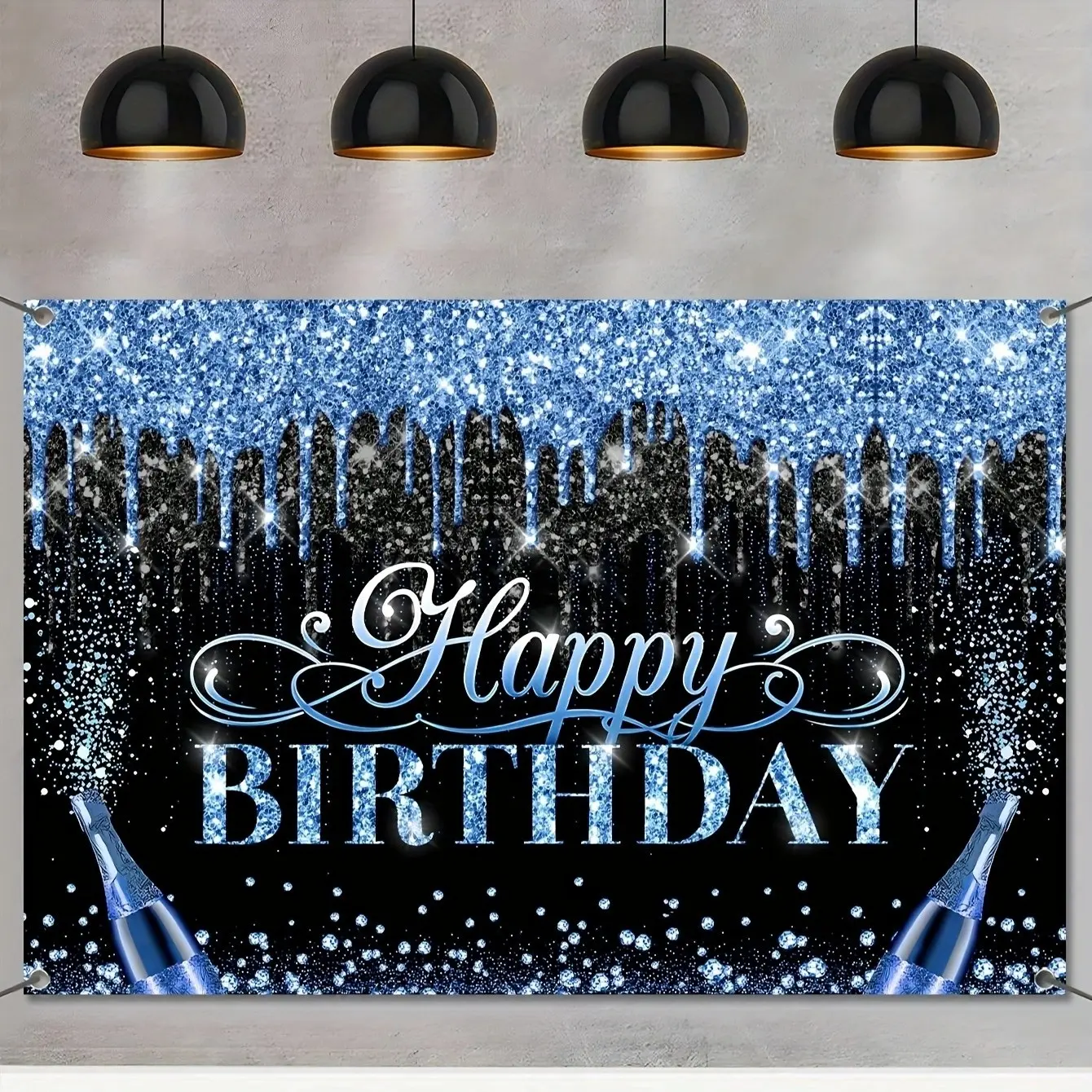 Birthday Party Background Cloth, Polyester Blue Shimmering Diamonds, Champagne Color, Photo Backdrop, Birthday Decoration