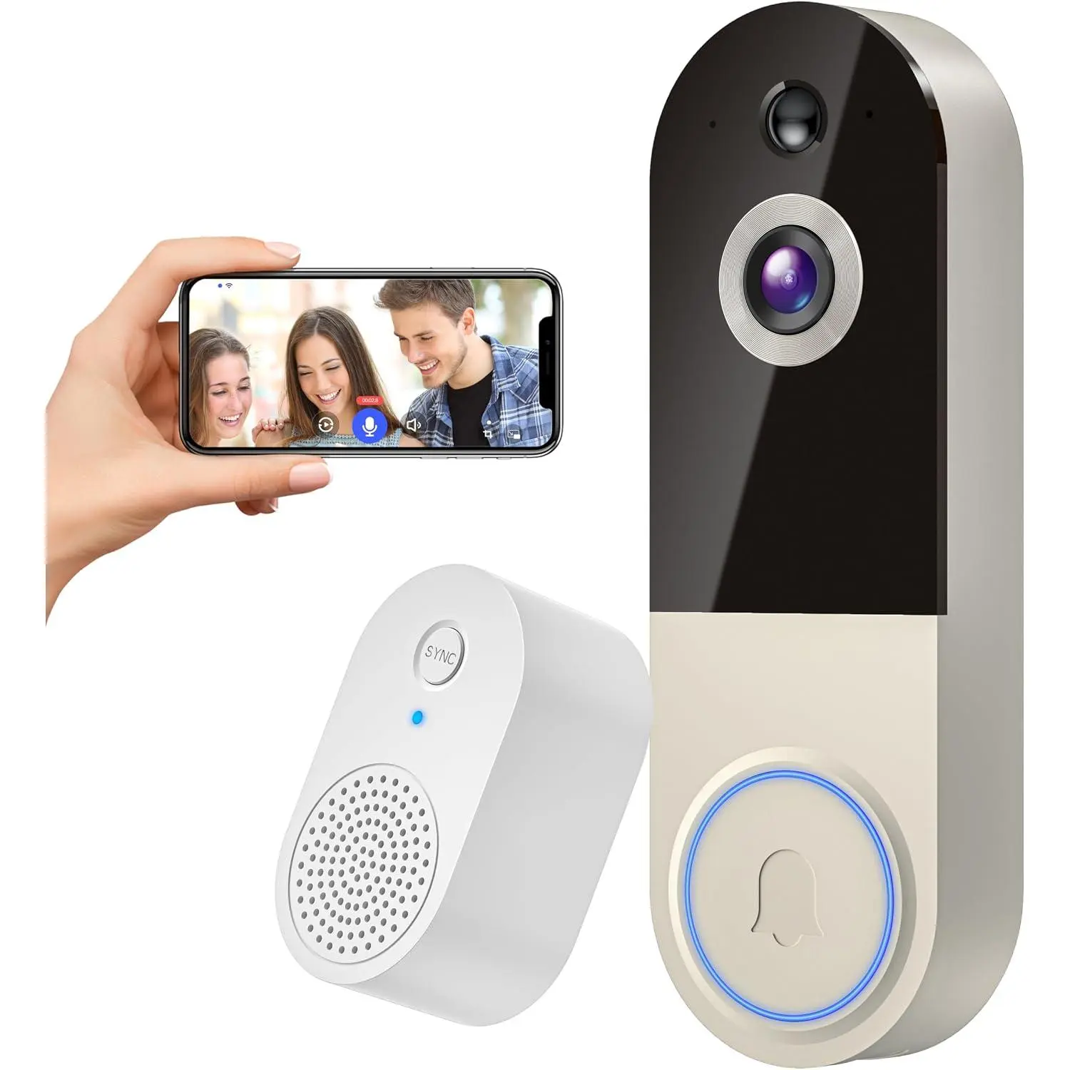 Wireless Doorbell Camera 1080p with AI Human Detection, Two-Way Audio, Night Vision, Real-Time Alerts, Rechargeable Battery, 2.4GHz Wi-Fi, Cloud Storage Optional