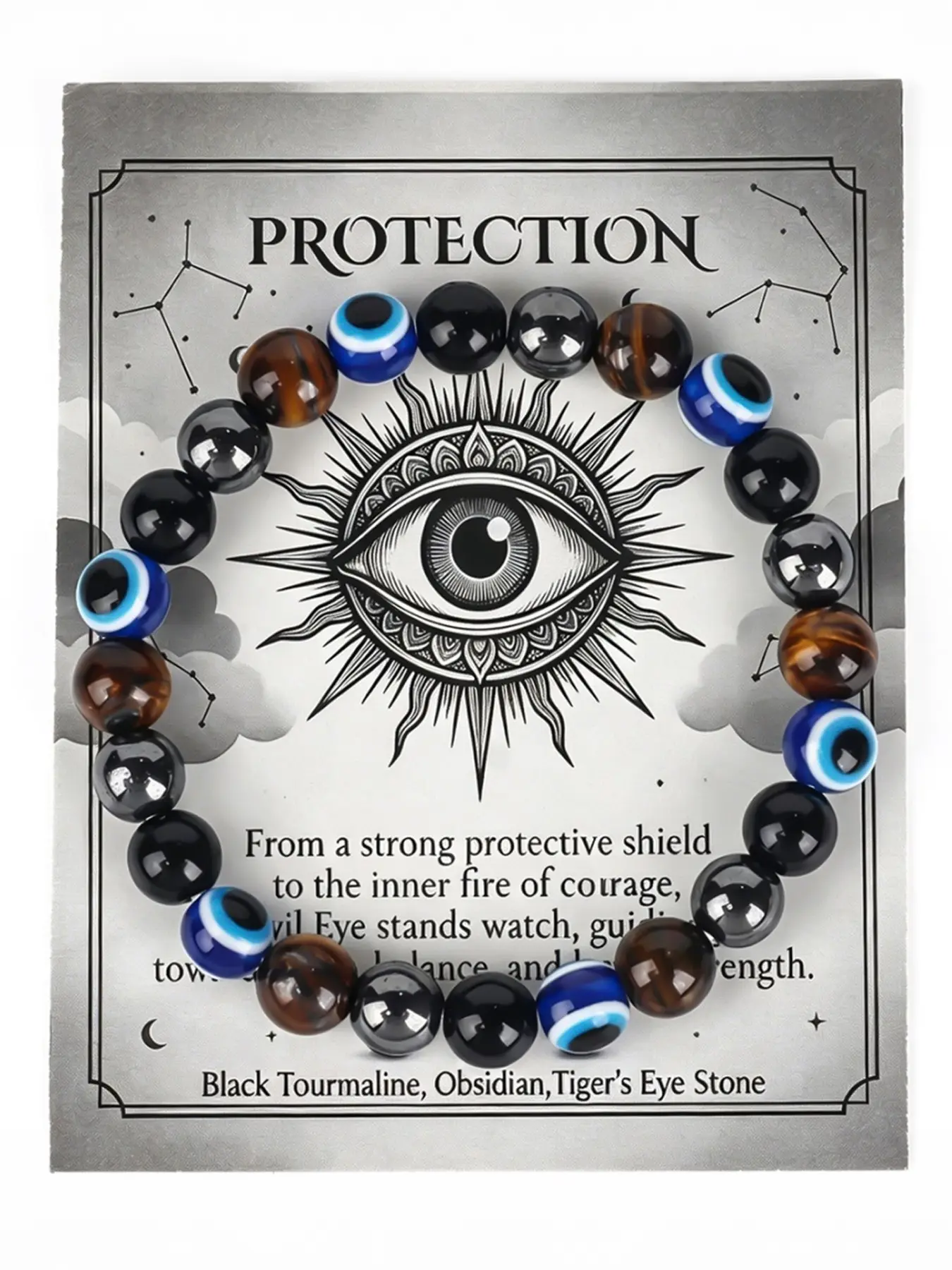 "Protective Shield" Genuine Crystal Evil Eye Bracelet - Mystical Aura Jewelry with Inspirational Wish Card for Loved Ones, Inspirational Beaded Bracelet