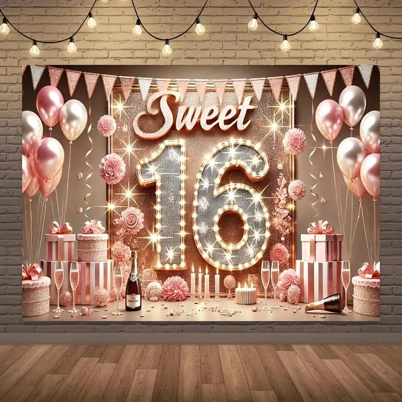 Polyester Sweet 16 Birthday Party Backdrop - Glam Balloon Banner Tapestry Wall Hanging, Formal Decor for Photography, Room, Wedding, Baby Shower, Engagement, Church, Easter Milestone Events