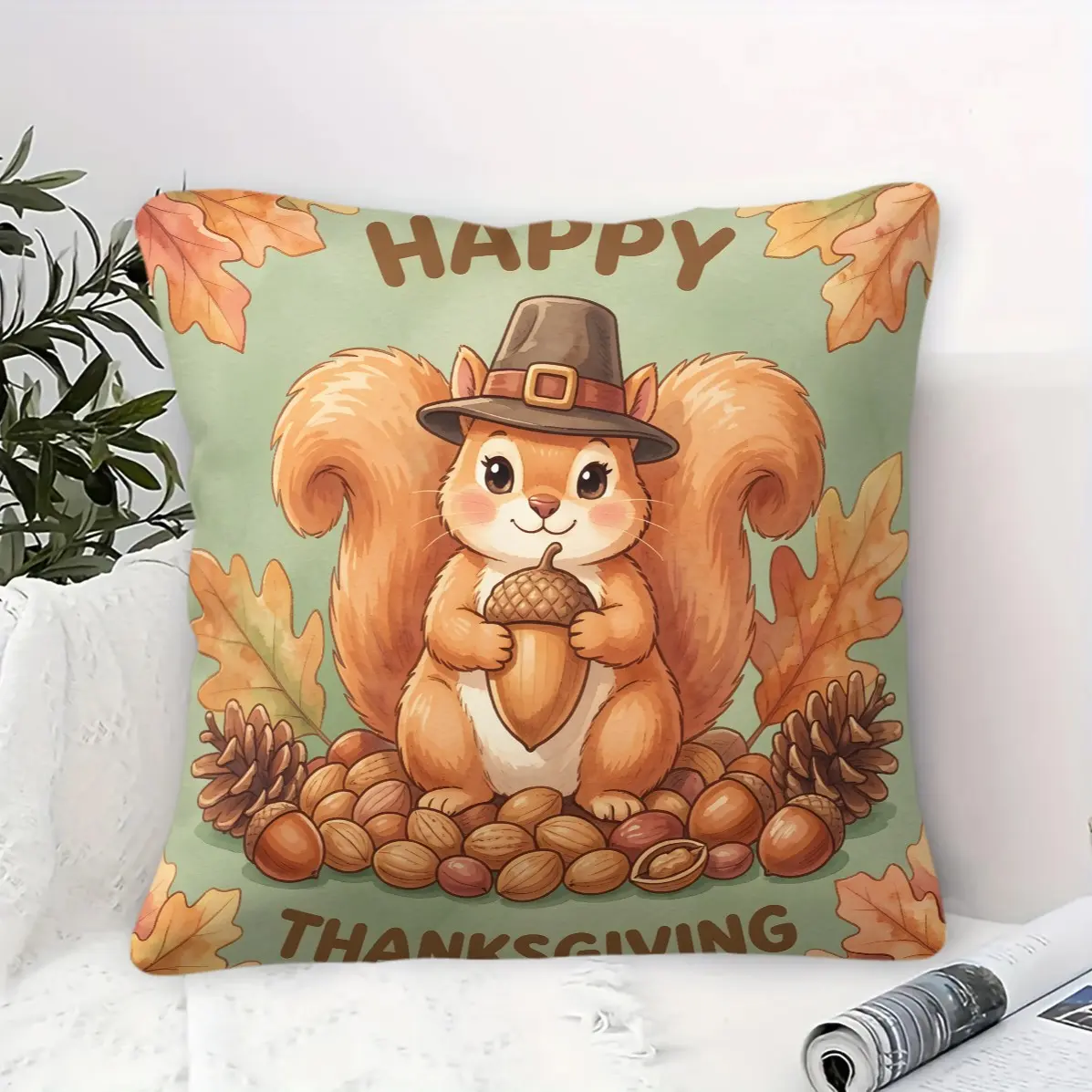Hand Drawn Thanksgiving Throw Pillow, cute turkey squirrel pumpkin autumn leaf print, warm home decor cushion (with insert)