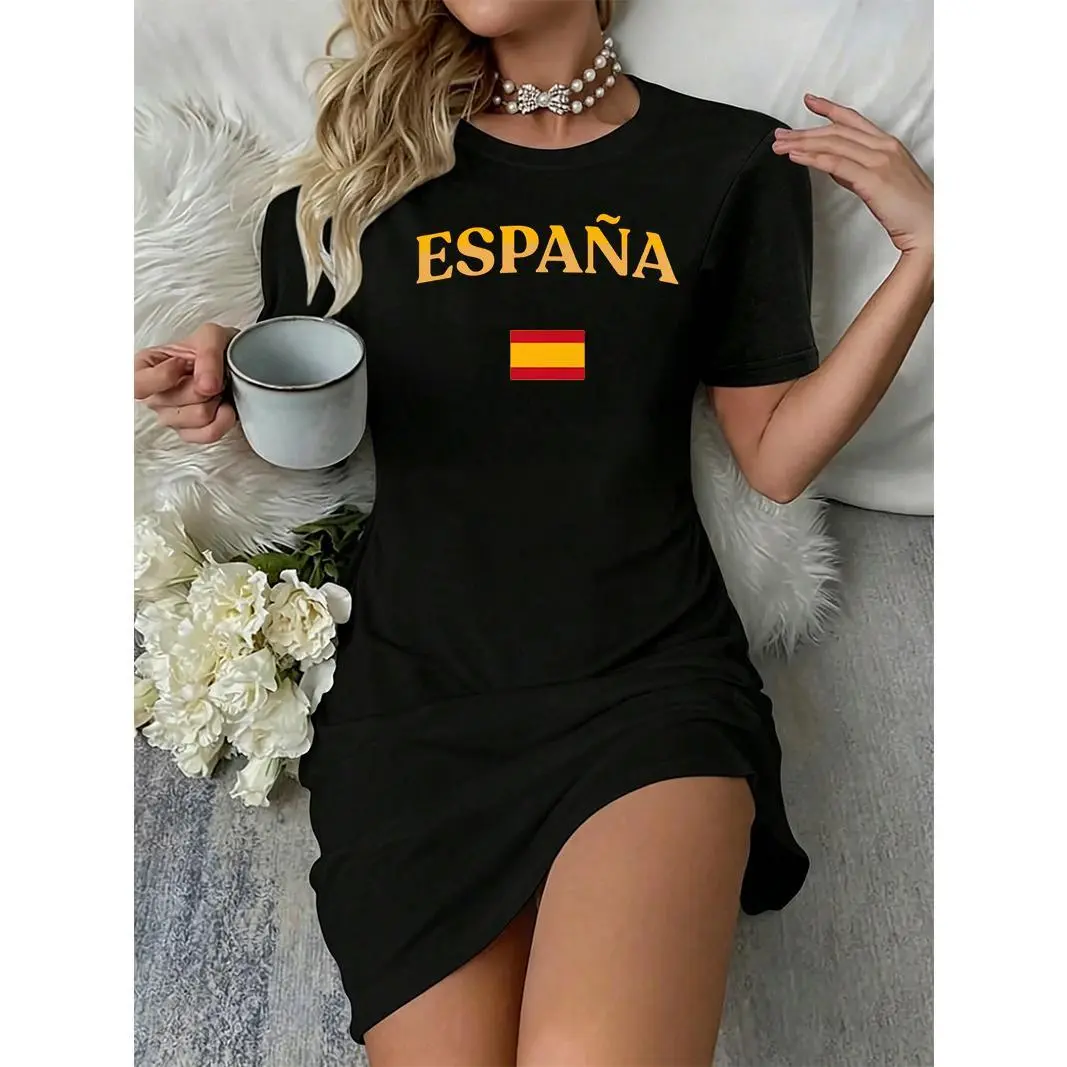 Women's Graphic T-Shirt Dress, Oversized Vintage Streetwear Style with Spain Flag Print, Short Sleeve Polyester Blend, Tshirt, Round Neck, Crew Neck