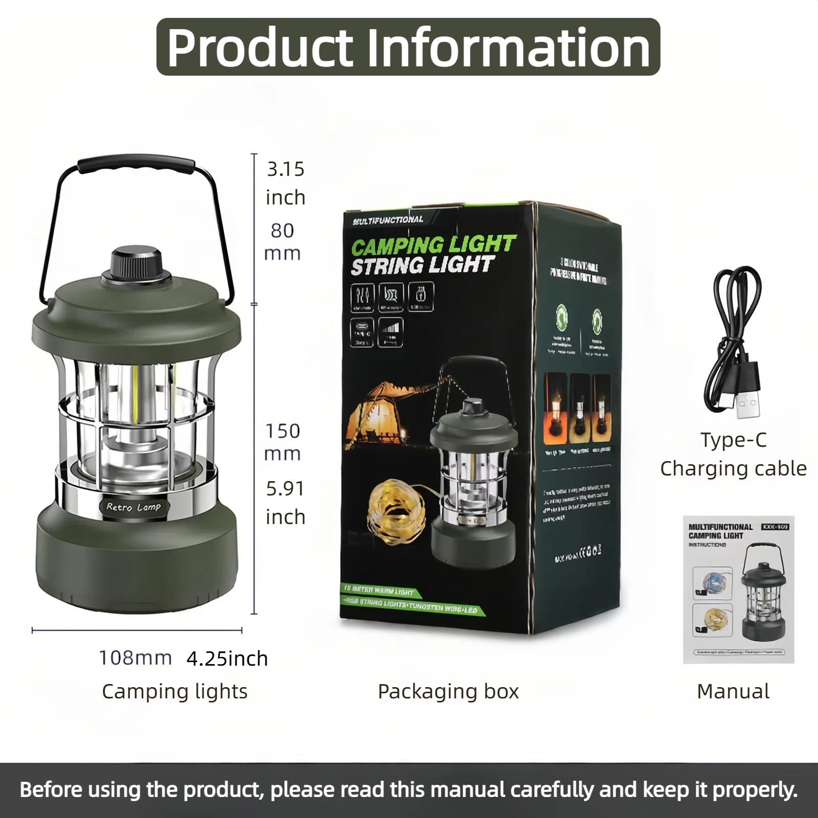 Multi-Functional Camping Lamp with Flashlight and String Light Features, Waterproof Retro Outdoor Lantern for Emergency Use, Portable Rechargeable Hanging Light