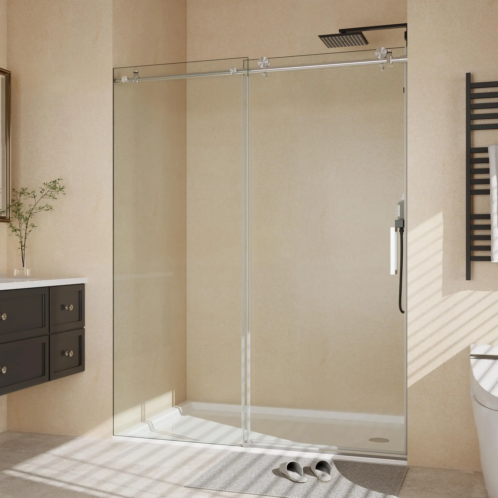 Frameless Sliding Shower Door,Tempered Clear Glass with Easy-to-Clean Coating