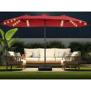 15FT Rectangular Solar LED Double Sided Patio Umbrella | Waterproof UV Protected Crank Tilt Heavy Duty Outdoor Market Parasol with Weight Base Sandbag for Pool Garden Lawn