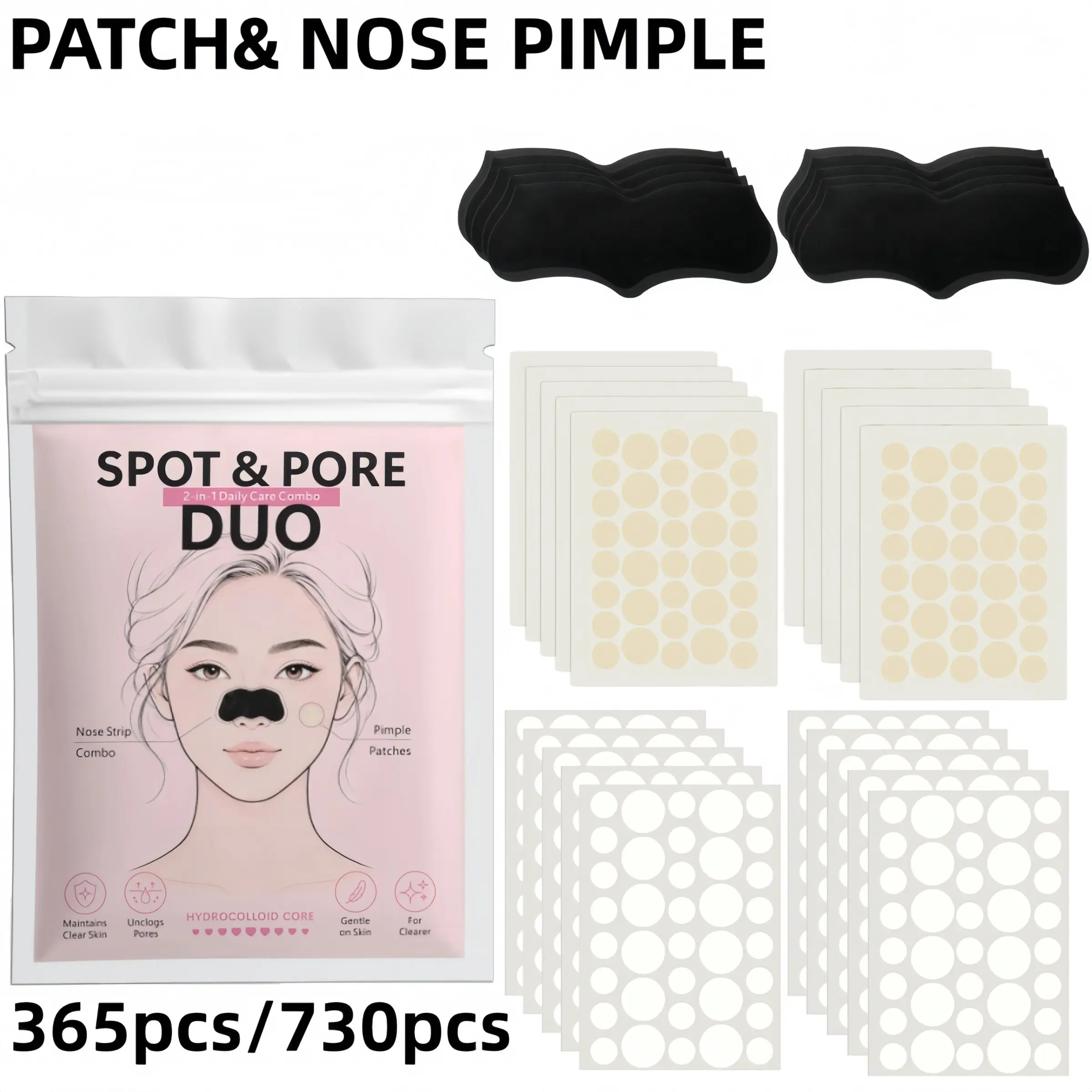 365/730pcs Hydrocolloid Acne Pimple Patch & Nose Strip Combo, Spot & Pore Duo Invisible Blemish Patches with Blackhead Nose Strips for Daily Face Care, Acne Spot Treatment