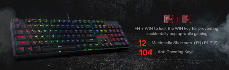 Redragon K582 SURARA RGB LED Backlit Mechanical Gaming Keyboard with 104 Keys-Linear and Quiet-Red Switches