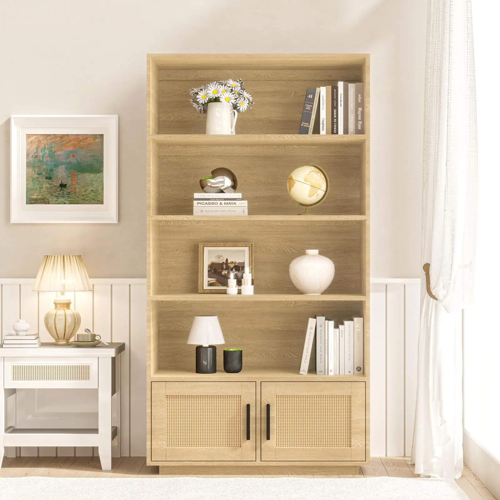 Boho 5-Tier Bookshelf with Rattan Doors, Tall Wooden Bookcase for Office, Living Room, Bedroom, Spacious Storage Shelves, Farmhouse Style