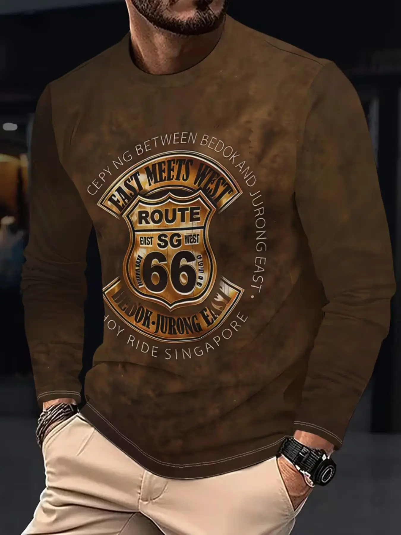 Route 66 Vintage Print Men's Long Sleeve T-Shirt, Polyester Breathable Comfort, American Road Culture Casual Top, All Seasons