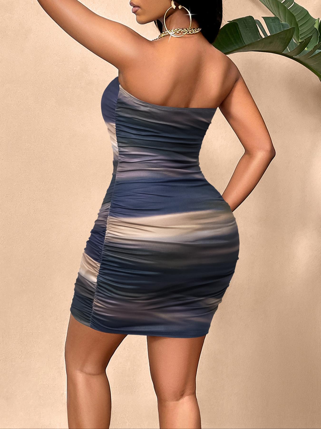 Aliling Women's Tie-dye Print Strapless Sleeveless Mini Dress, Fashion Casual Feminine Sexy Bodycon Short Dress For Female Dresses Summer