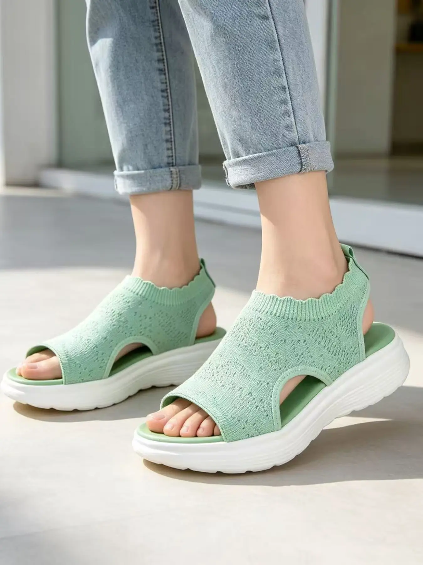 Women's Wave Edge Hollow Out Knit Thick Sole Sandals, Elastic Flyknit Upper, Soft PU Insole, Breathable Mesh, Casual Travel Beach Shoes